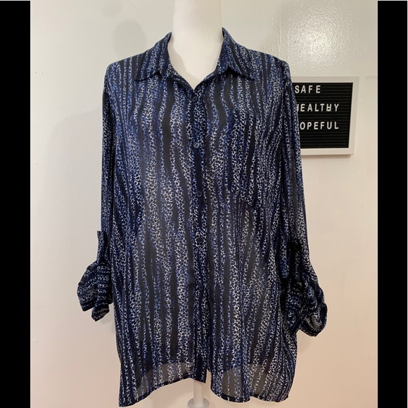 Michael Kors Animal Print Button Down Navy and White Blouse - Picture 2 of 11